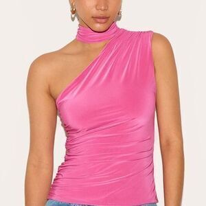 Fuchsia Double Layer Neck Detail Ruched Detail Long Top